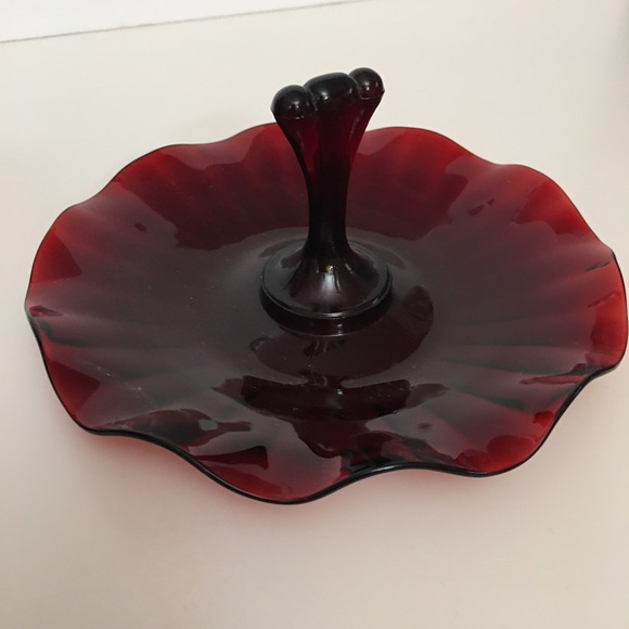 Vintage art Deco Cranberry Glass Candy Dish Wavy Edging with Handle Trinket Tray - Picture 8 of 11